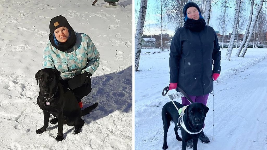 Kuvassa oululainen Jenna Miinala ja hänen opaskoiransa Siri. Siri on kaksivuotias labradorinnoutaja ja Miinalan ensimmäinen opaskoira.