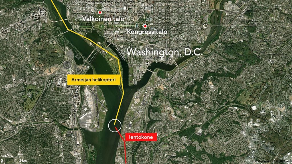 Matkustajalentokone ja armeijan helikopteri ovat törmänneet ilmassa Yhdysvaltojen pääkaupungin Washingtonin lähellä.