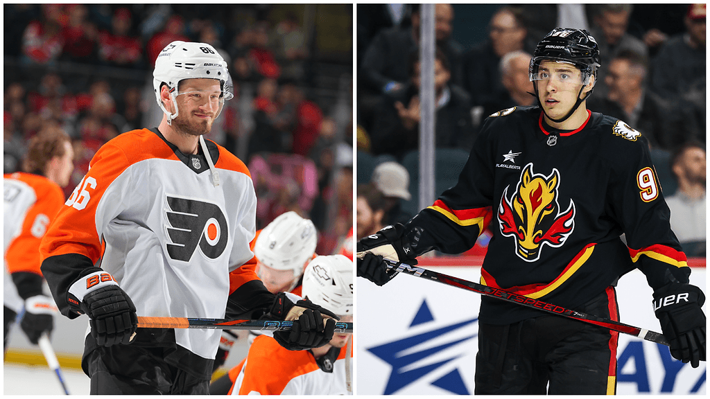 Joel Farabee (vas.) ja Andrei Kuzmenko (oik.) vaihtavat joukkueita.