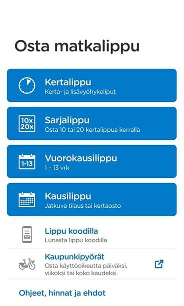 MTV HSL:n sovelluksessa voi ostaa 80–110 minuuttia voimassa olevia kertalippuja sekä vuorokausi-, sarja- ja kausilippuja.