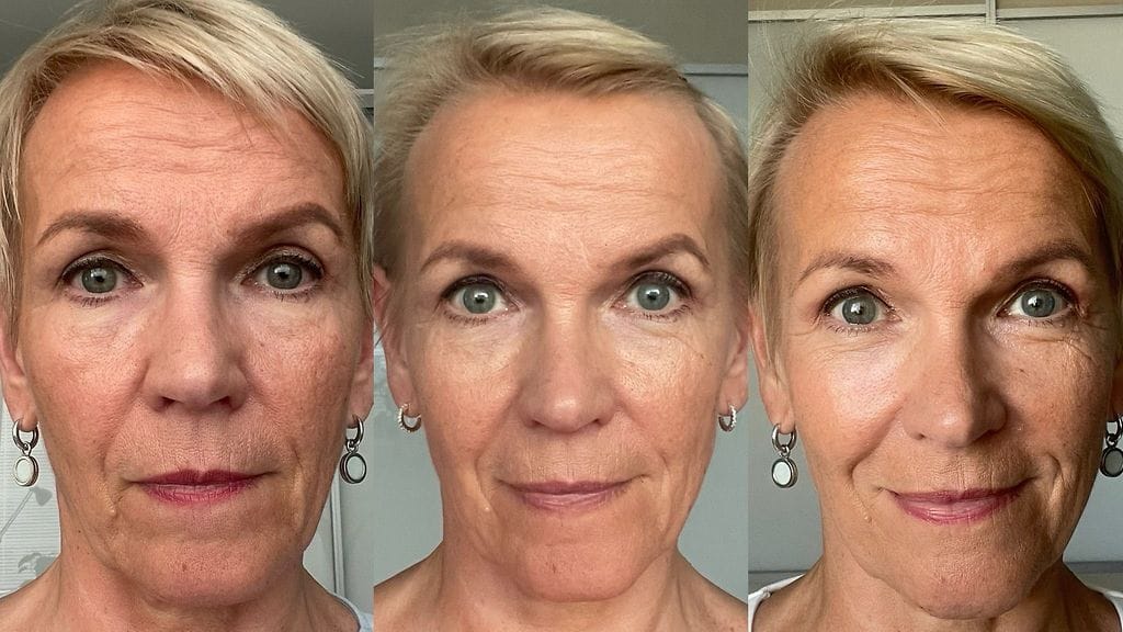 VJ Mirja Yli-Erkkilä kasvojumppa ennen ja jälkeen (EI MTV:N oma kuva)