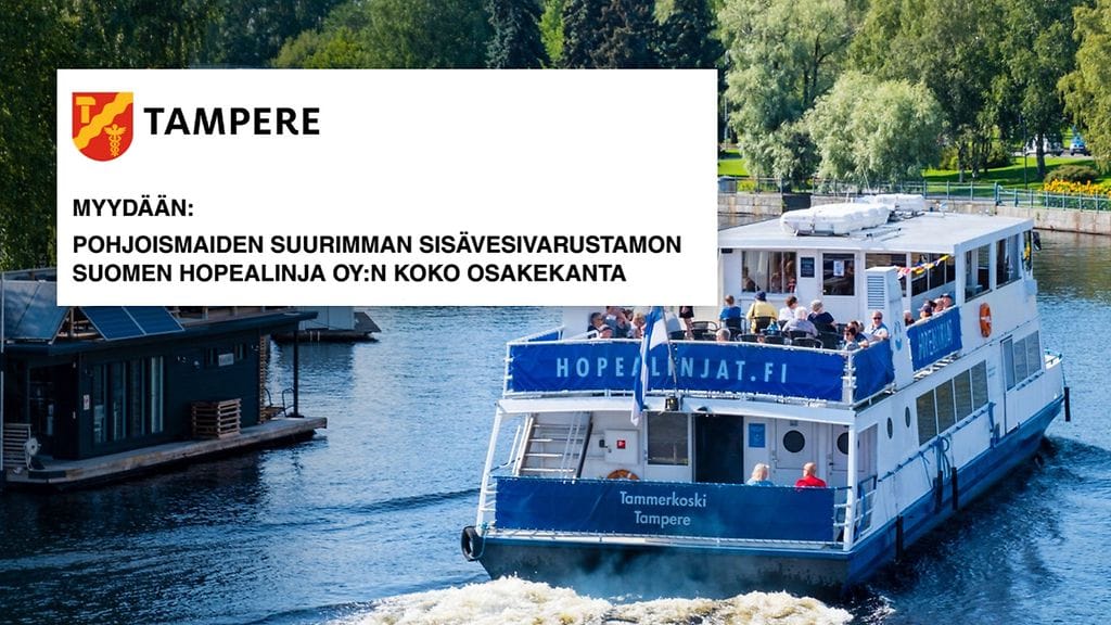 Kuvassa kuvakaappaus myynti-ilmoituksesta sekä yksi Hopealinjojen viidestä aluksesta Tampereen Pyhäjärvellä vuonna 2021.