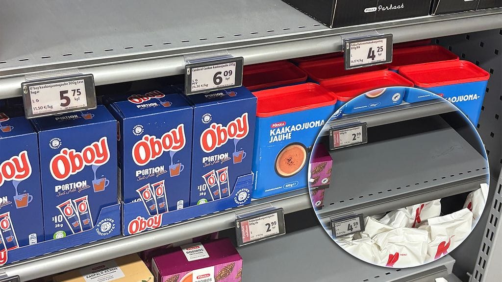 Helsinkiläiskaupassa oli helmikuussa hyllyt tyhjinä ainakin joidenkin O'boy-tuotteiden kohdalla.