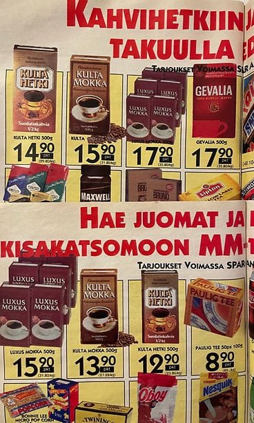 Kahvin hintaa Anttilassa 1997