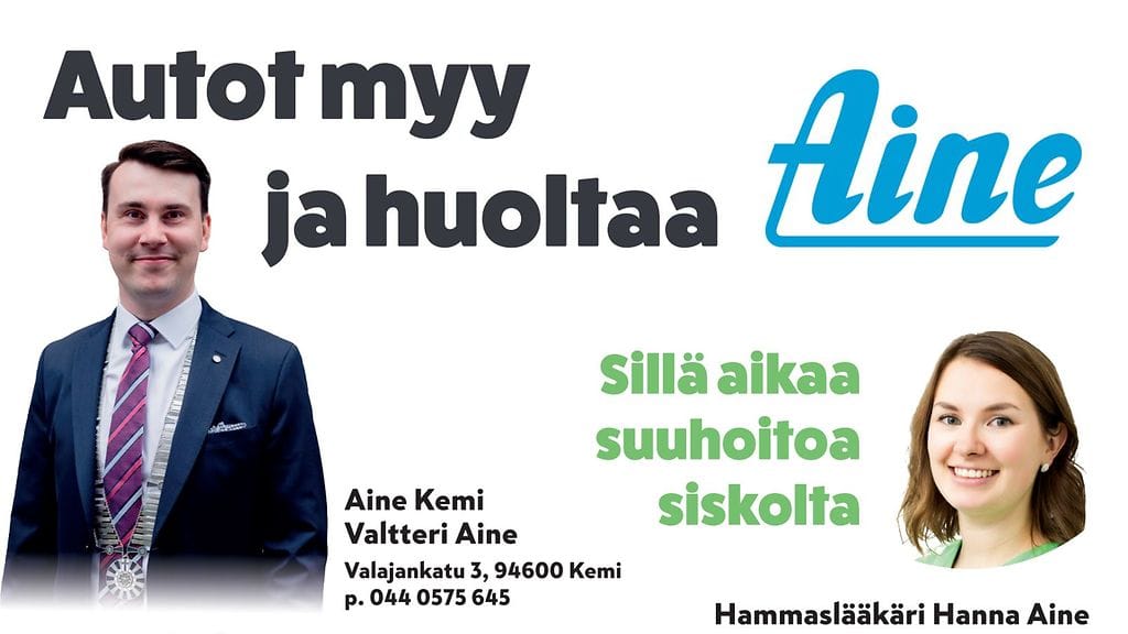 Autokauppias Valtteri Aineen ja hammaslääkäri Hanna Aineen yhteinen humoristinen lehtimainos.
