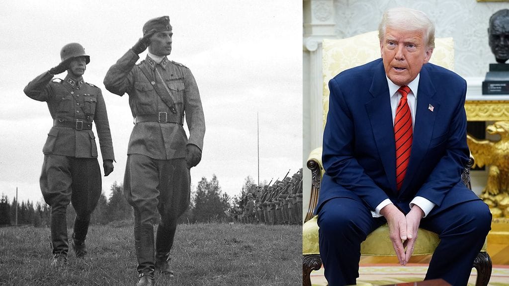 Kenraali Adolf Ehrnrooth tarkasti suomalaisia joukkoja ennen Neuvostoliiton suurhyökkäystä kesällä 1944. Oikealla Donald Trump.