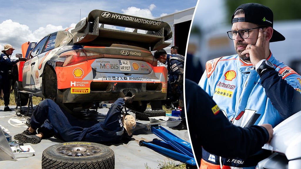 Janne Ferm (oik.) ihmettelee Hyundai-tiimin ratkaisua Kenian MM-rallin alla. Fermin ja Esapekka Lapin Hyundai-autossa riitti korjattavaa Safarissa viime vuonna.