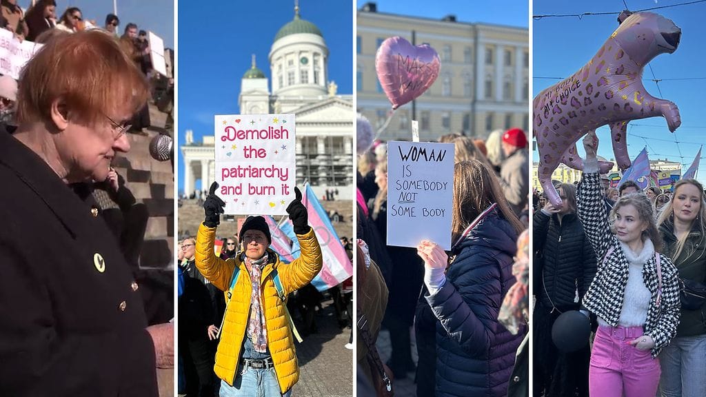 10 000 ihmistä, mukana joukossaan presidentti Tarja Halonen, ilmaisi huolensa naisten oikeuksien ja tasa-arvon tilanteesta historiallisella naistenpäivän marssilla maaliskuussa 2025 Helsingissä.