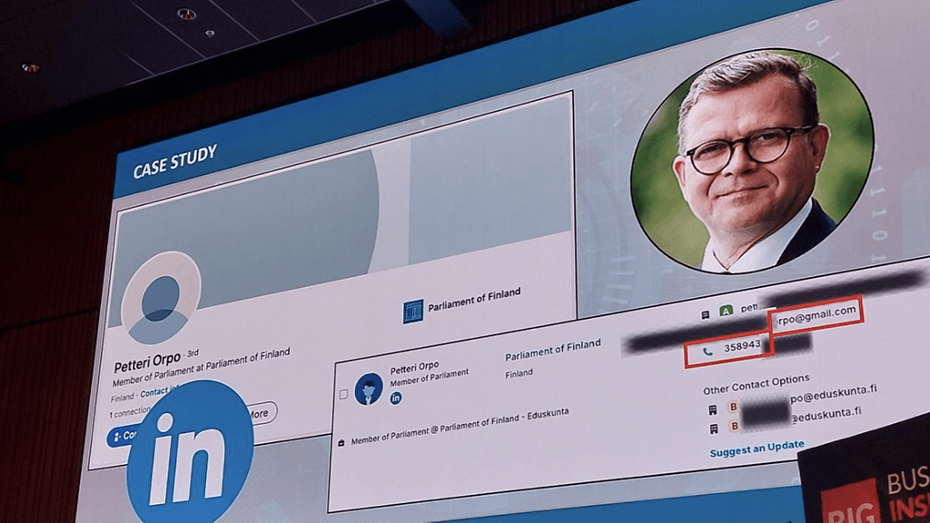 Asiantuntijat peittivät esityksessään osan Orpon tiedoista. He tutkivat myös Eduskunnan domainia ja löysivät noin 800 eduskunta.fi-päätteistä sähköpostia salasanoineen.
