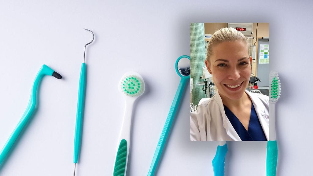 Kannattaako kaupoissa myytäviä hampaidenrapsuttelusettejä käyttää? Pienessä kuvassa suu- ja leukakirurgian erikoishammaslääkäri Karoliina Pitkänen Helmiäiseltä.