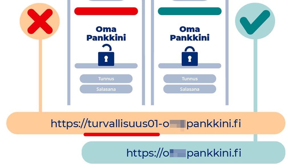 Kyberturvallisuuskeskus on saanut ilmoituksia tietojenkalastelusivustoista, jotka on rekisteröity .fi-verkkotunnuksella. Kuvassa esimerkki sellaisesta.