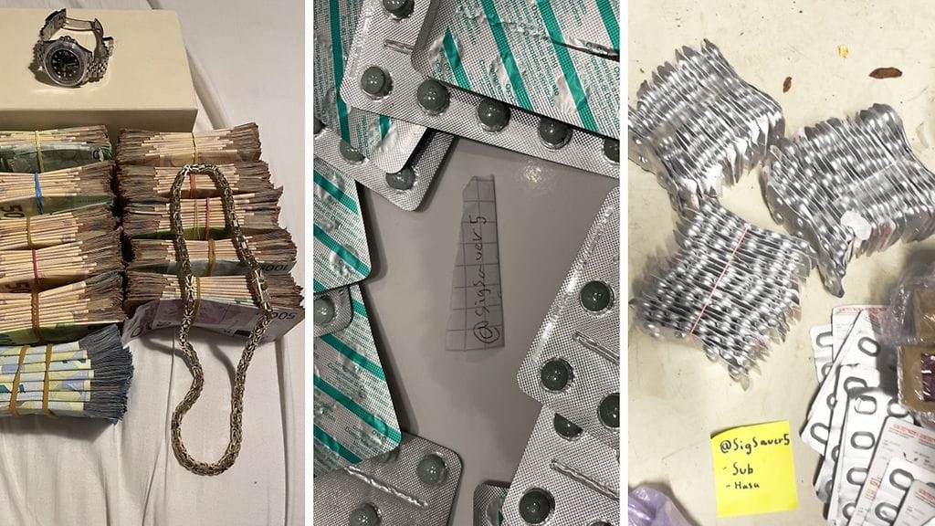 Poliisin kuvaa rikostutkinnassa takavarikoiduista varoista ja epäiltyjen kuvaamista huumausaineista.