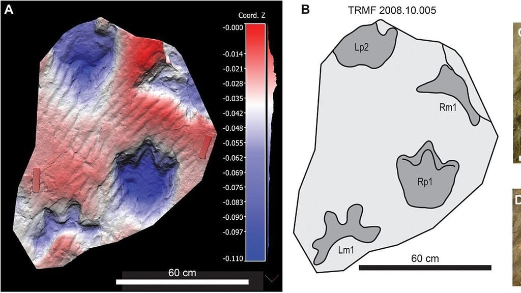 Kolmivarpaisen Ruopodosaurus clava -dinosauruksen jalanjälkiä