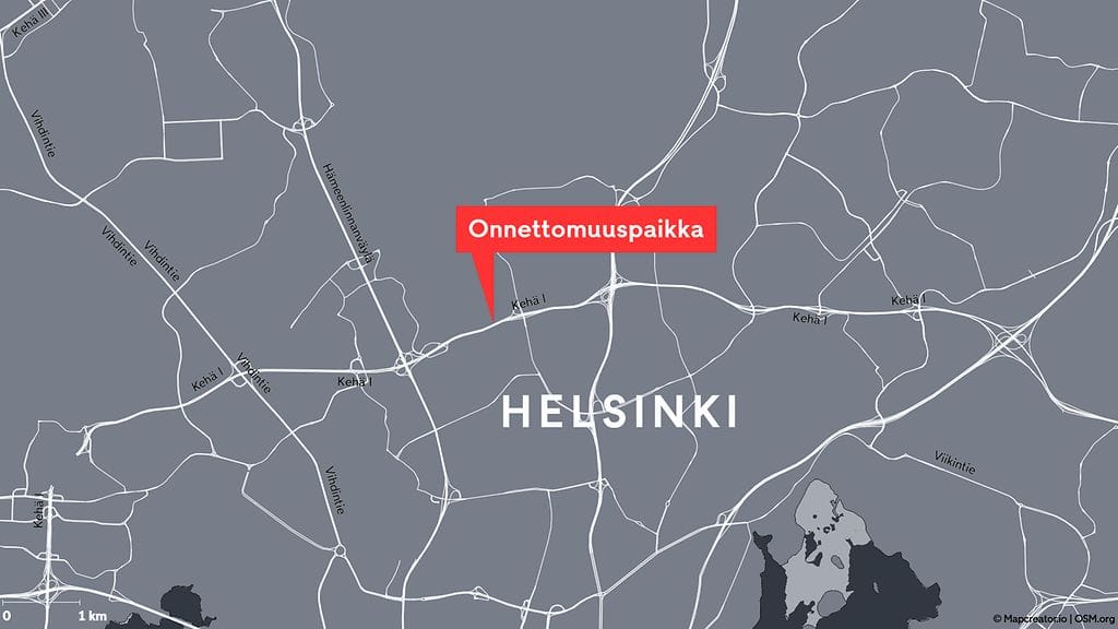Onnettomuus tapahtui Hämeenlinnan liittymän ja Tuusulanväylän liittymän välillä.
