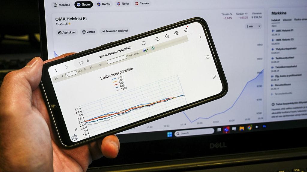 Pörssikurssien kehitys Nordnetin verkkosivuilla ja Euribor korko Suomen Pankin verkkosivuilla 3. huhtikuuta.