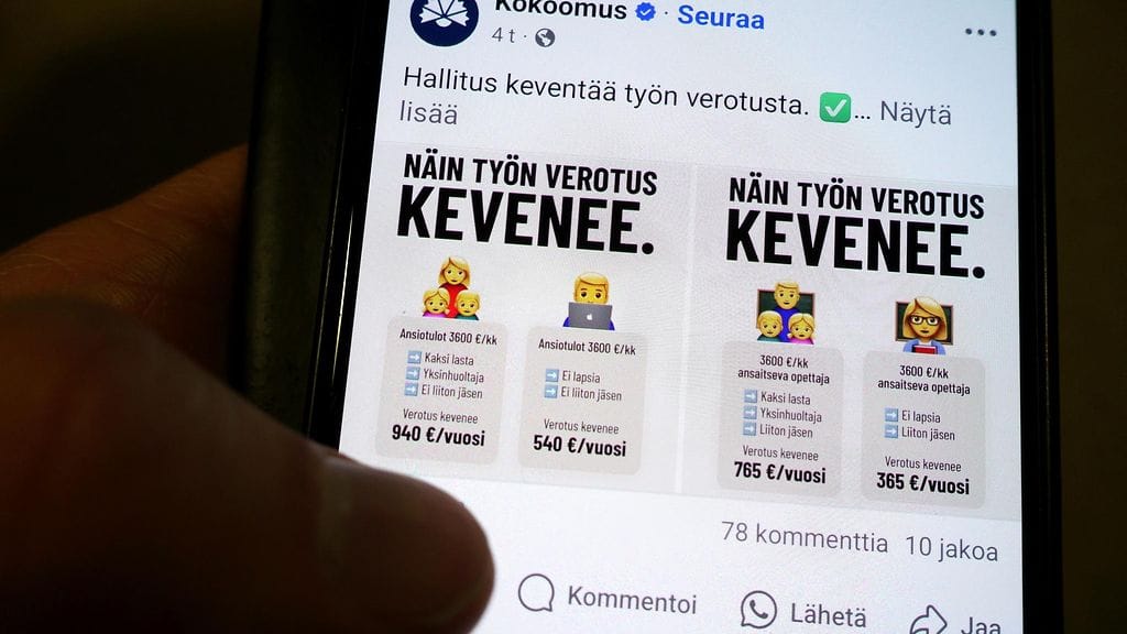 Kokoomus julkaisi kuvan, jossa oli vertailu siitä, paljonko työn verotus kevenee eri kotitalouksilla sen mukaan, onko palkansaaja ammattiliiton jäsen vai ei.