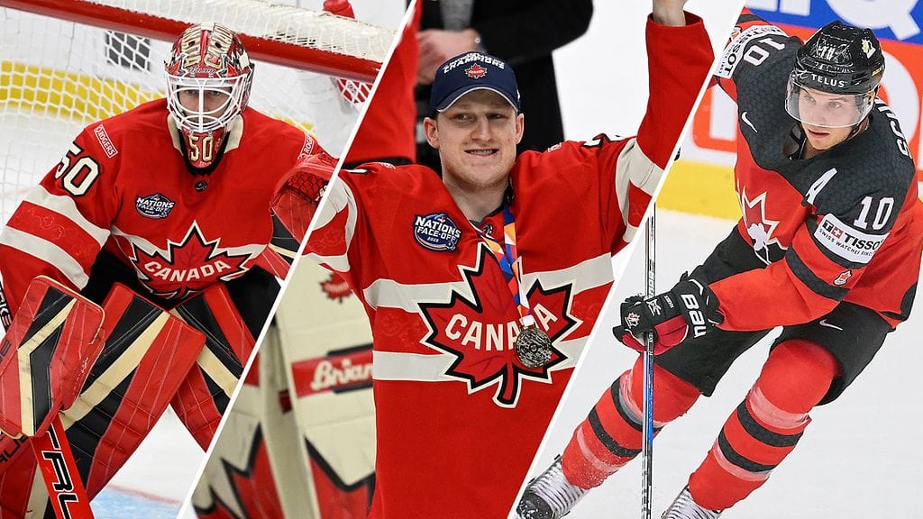 Jordan Binnington (vas.), Nathan MacKinnon ja Brayden Schenn saapuvat Tukholmaan Kanadan MM-kisajoukkueeseen.