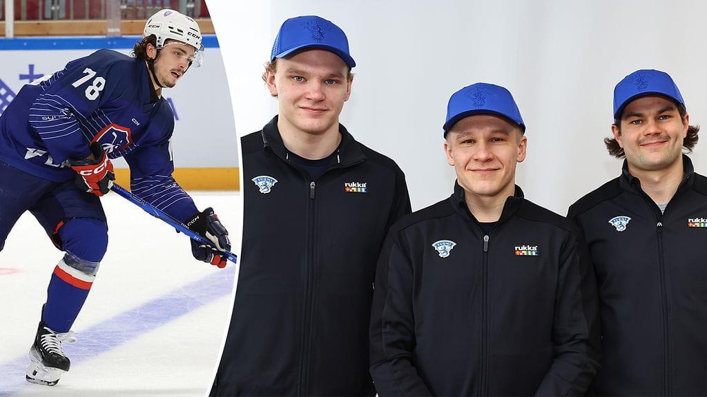 Ranskalainen Dylan Fabre (vas.) kohtaa tänään Ässät-seurakaveriensa Lenni Hämeenahon, Jan-Mikael Järvisen ja Eemil Erholtzin edustaman Leijonat.