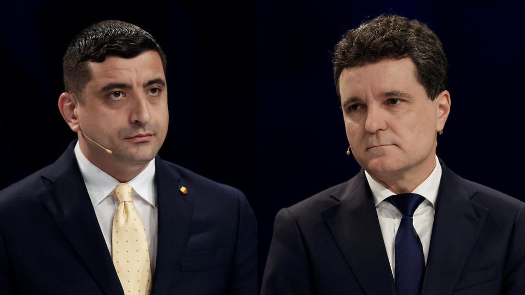 Kuvassa George Simion vasemmalla ja Nicusor Dan oikealla.