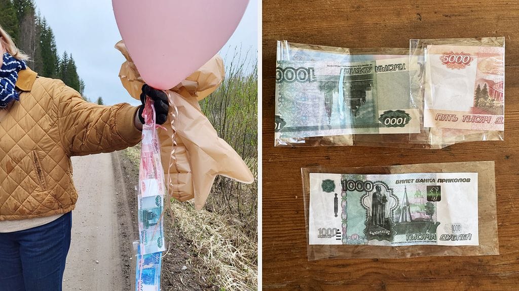 Juhlavassa ilmapallossa roikkui letka seteleitä.