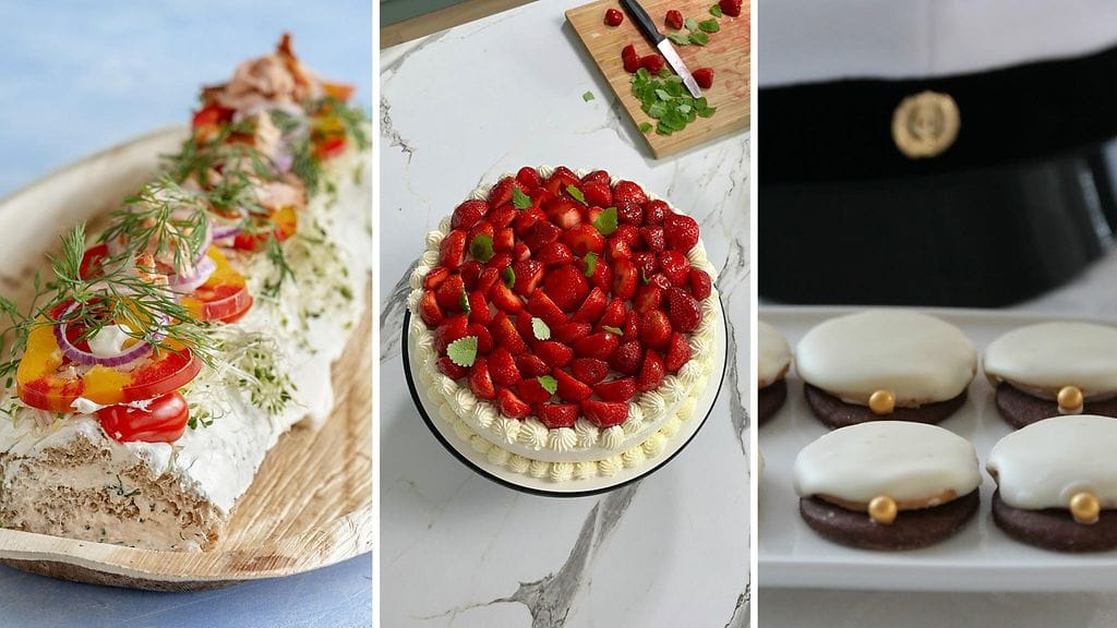 Voileipäkakku, mansikkatäytekakku ja ylioppilaslakkikeksit ovat takuuvarmoja vaihtoehtoja valmistujaisjuhlapöytään.