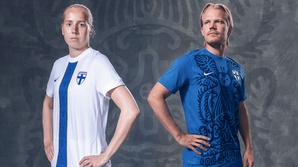 Eveliina Summanen ja Joel Pohjanpalo Suomen jalkapallomaajoukkueiden uusissa pelipaidoissa.