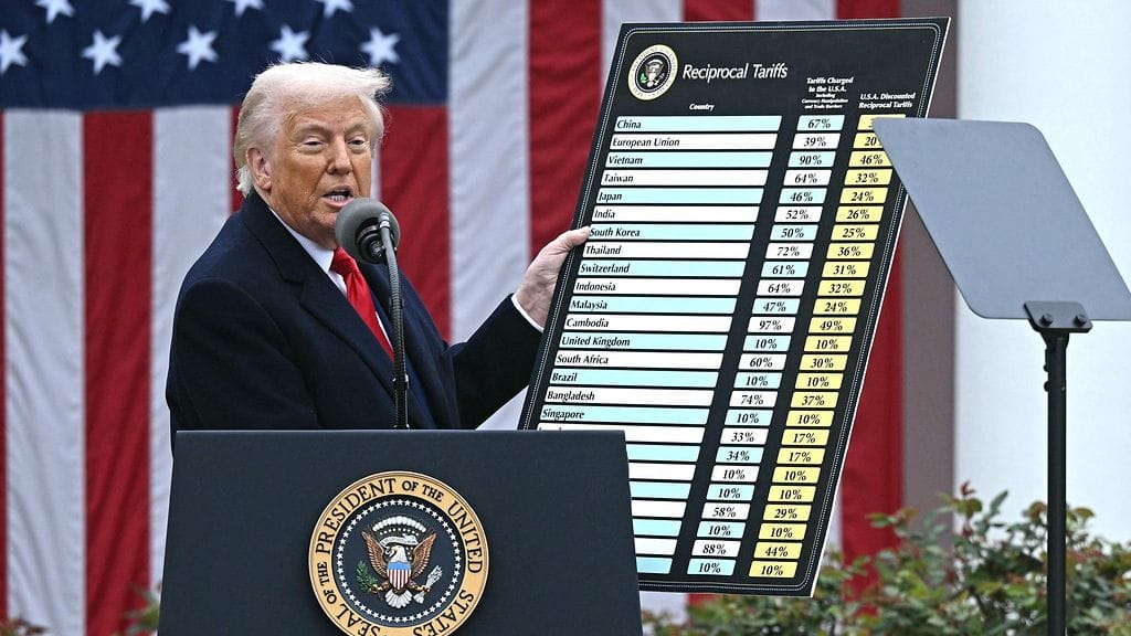 Yhdysvaltojen presidentti Donald Trump 2. huhtikuuta, jolloin hän julisti tuontitullit suurelle osalle maailmasta.