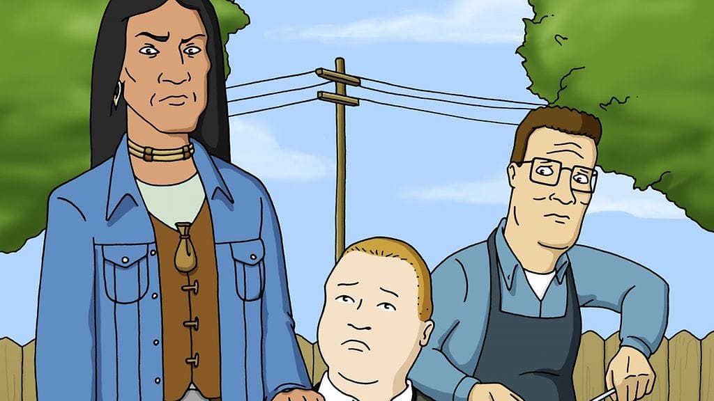 Jonathan Jossin hahmo Kukkulan kuningas -sarjassa oli John Redcorn (vas.). Kuvassa myös hahmot Bobby Hill (kesk.) ja Hank Hill (oik.).