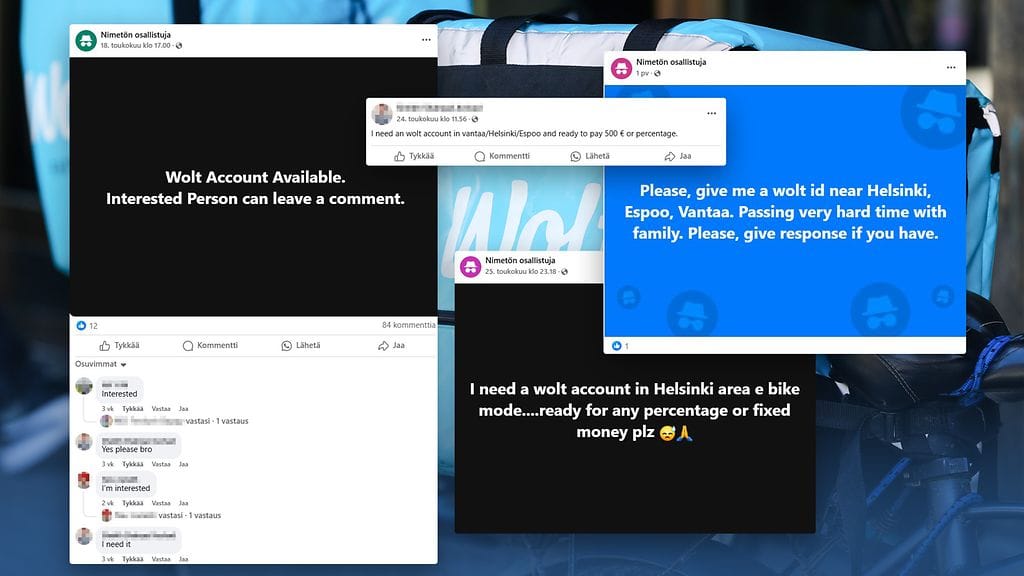Facebookissa on useita ryhmiä, joissa Wolt-tilejä kaupataan.