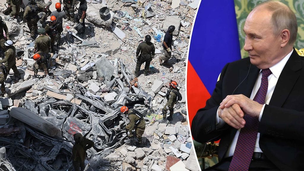 Kuvituskuva. Vasemmalla kuva Israelista Iranin tekemän iskun jälkeen. Oikealla Vladimir Putin.