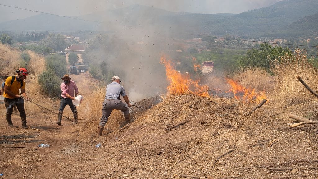Kyläläiset yrittävät sammuttaa maastopaloa Izmirissä Turkissa.