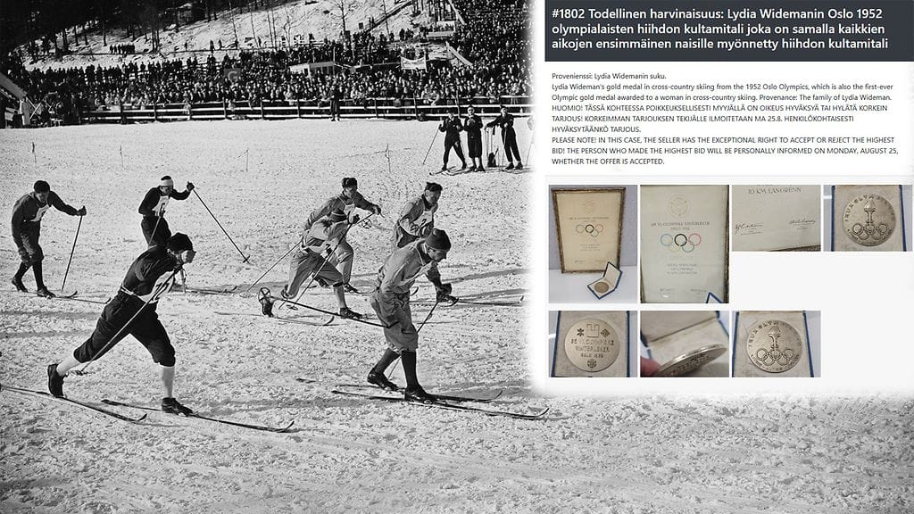 Kuvituskuvaa vuoden 1952 Oslon olympiakisoista, jossa Lydia Widemanin saavuttamaa maastohiihdon kultamitalia huutokaupataan.