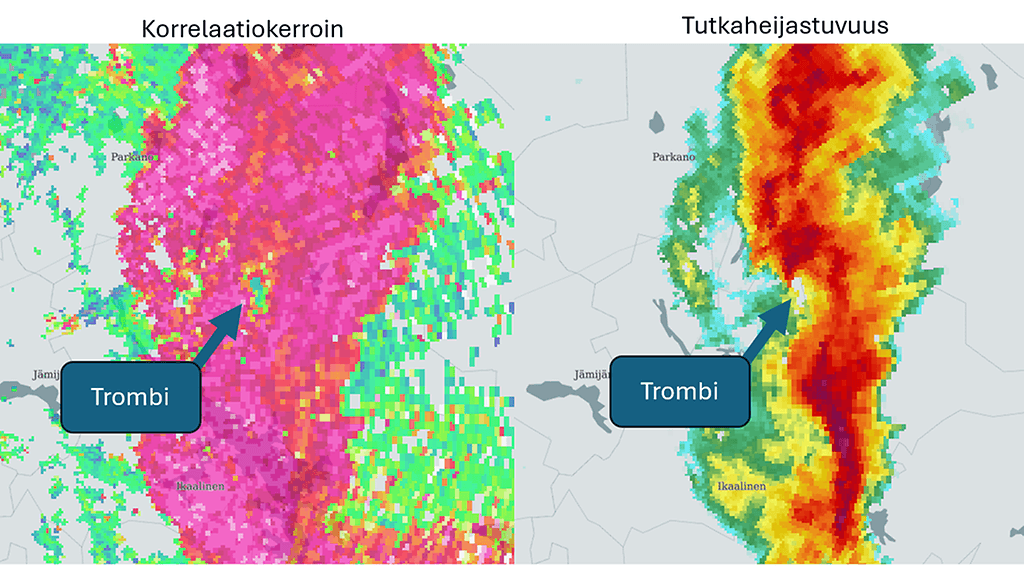 Tutkakuvaa Parkanon trombista Kankaanpään säätutkasta 3.heinäkuuta 2025