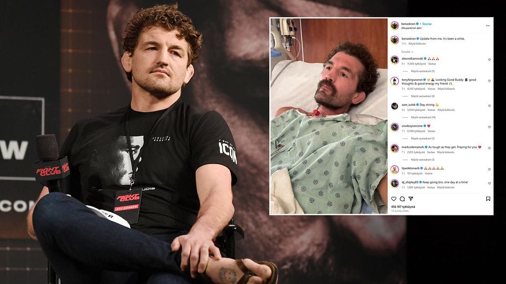 Ben Askren kuvattuna maaliskuussa 2021. Miehen olemus on tähän verrattuna karu tuoreessa otoksessa sairaalavuoteelta.