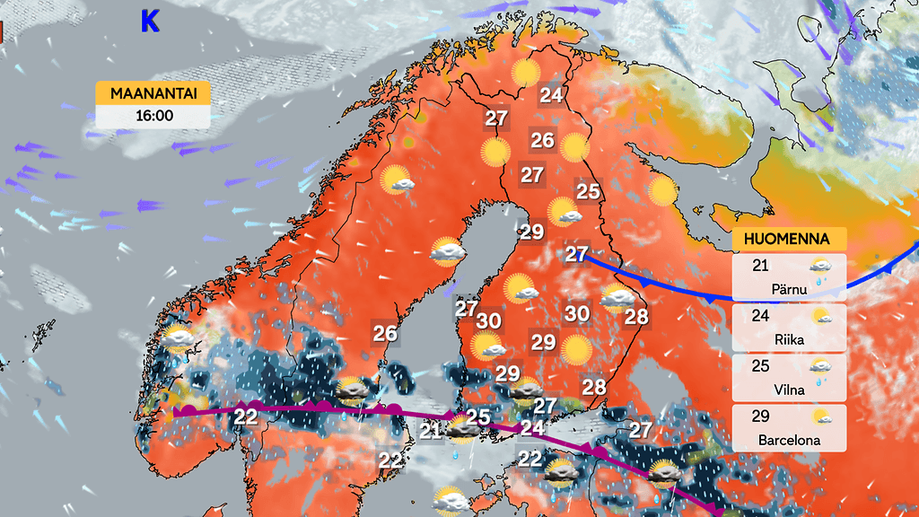 Sääennuste maanantaille 14.7.2025 kello 16.00