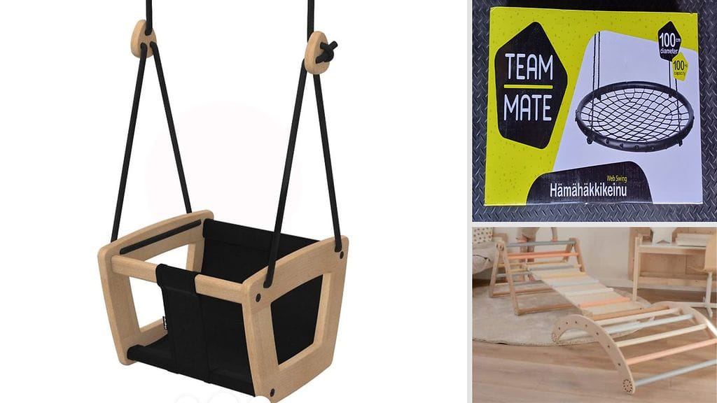 EU-projektissa testautettiin yhteensä 89 aktiviteettilelua, kuten keinuja ja kiipeilytelineitä. Puutteita havaittiin muun muassa näissä kuvissa näkyvissä tuotteissa.