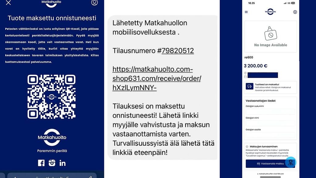 Matkahuollon nimissä lähetettyjä huijausviestejä