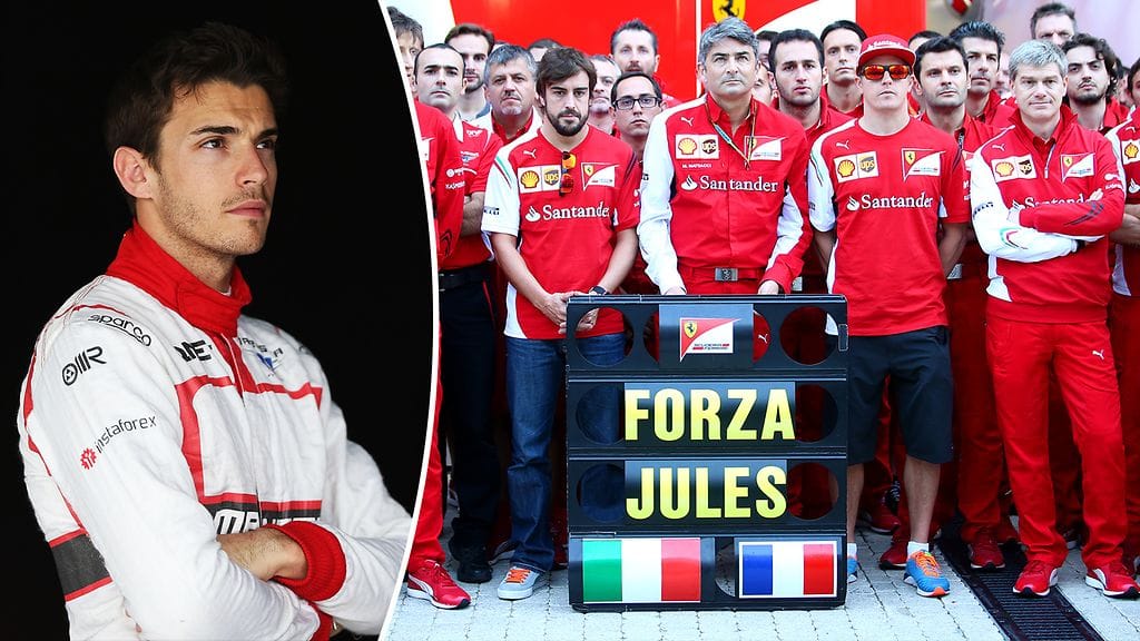 Kimi Räikkönen ja muu Ferrarin väki muisti Jules Bianchia (vas.) Venäjän osakilpailussa syksyllä 2014.