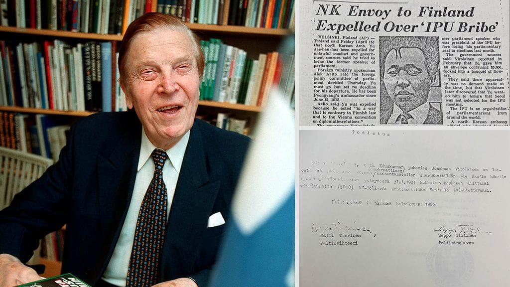 Johannes Virolainen (vasemmalla) ilmoitti heti saamastaan lahjuksesta. Tapaus tiesi karkotusta Pohjois-Korean Suomen-suurlähettiläälle (oikealla ylhäällä). Oikealla alhaalla todistus, että saadut rahat luovutettiin viranomaisille.