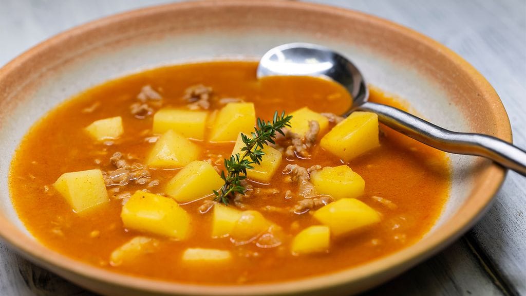 Cowboy-keitto on tomaattinen jauhelihakeitto maissilla ja perunalla. Kuvituskuva.