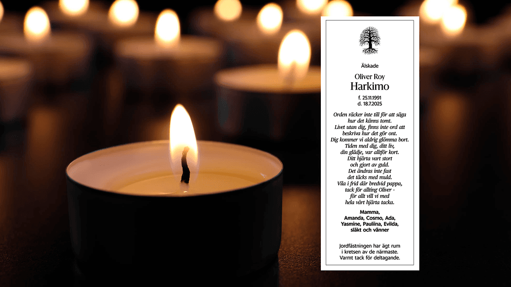 Oliver Harkimon kuolinilmoitus Helsingin Sanomissa sunnuntaina 10.8.2025.