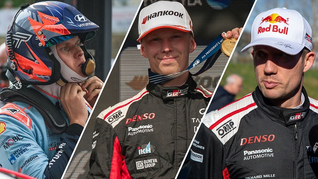 Ott Tänak (vas.), Kalle Rovanperä ja Sebastien Ogier jahtaavat tällä hetkellä Elfyn Evansin kärkipaikkaa MM-rallissa.