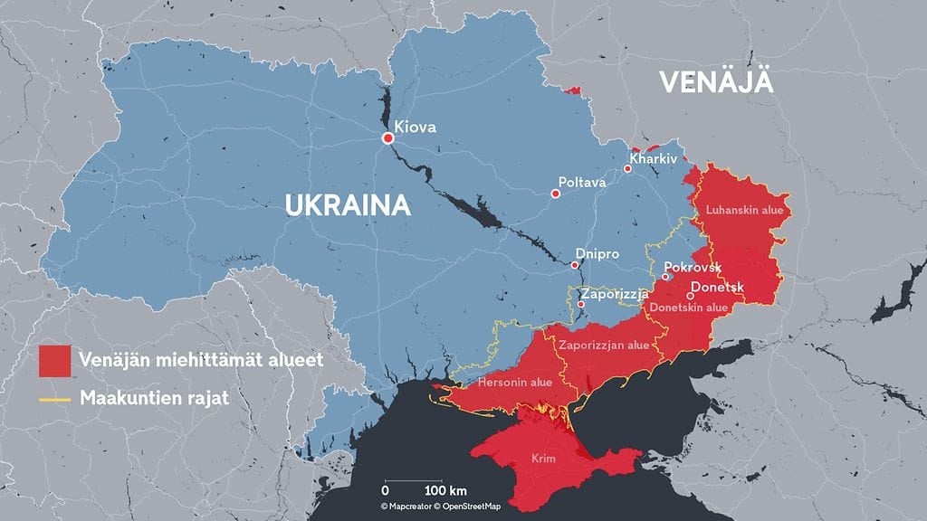 Venäjän miehittämät alueet kuvattuna 19. elokuuta.