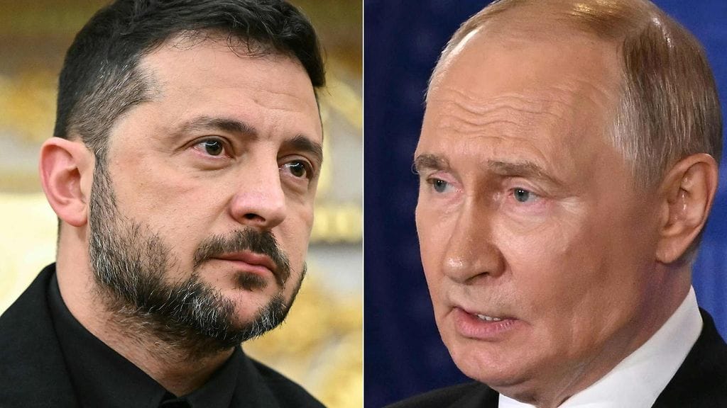 Kuvassa Ukrainan presidentti Volodymyr Zelenskyi (vasemmalla) ja Venäjän presidentti Vladimir Putin (oikealla).