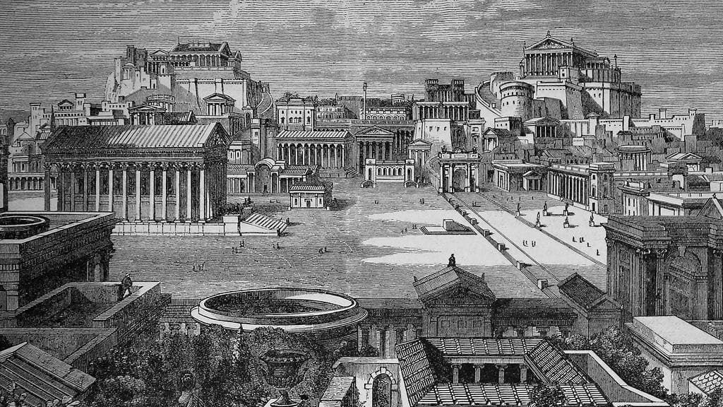 1800-luvulla tehty kaiverrus antiikin Rooman keskustasta. Kuvituskuva.