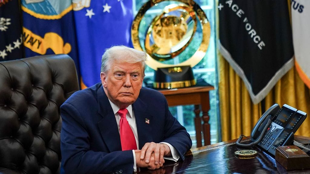 Trump puhui asiasta konservatiivikanava Newsmaxin haastattelussa. Trump kuvattuna 14. elokuuta 2025.