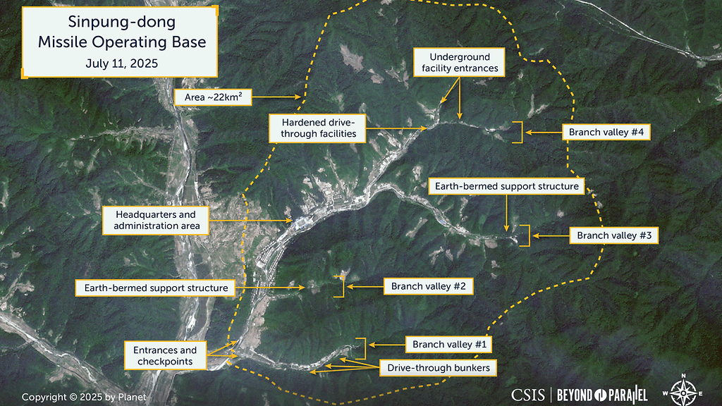 CSIS-ajatushautomon analysoimassa satelliittikuvassa Sinpung-dongin ohjustukikohta Pohjois-Koreassa 15. heinäkuuta 2025.