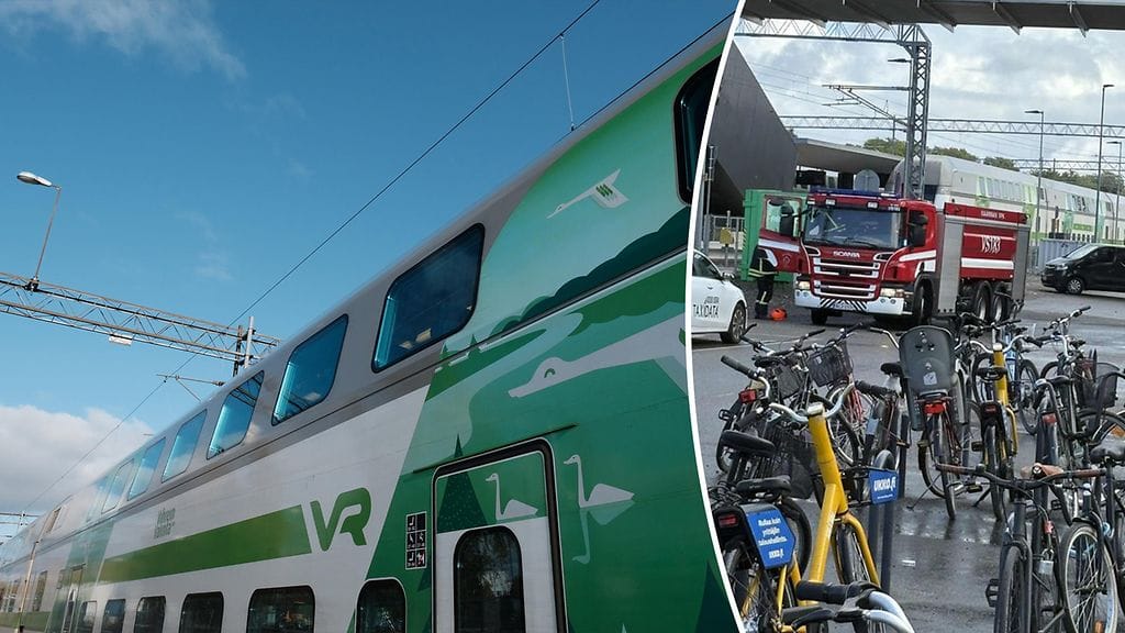 Vasemmalla kuvituskuva junasta, oikealla lukijan kuva Turun pääasemalta sunnuntailta 24.8.2025.