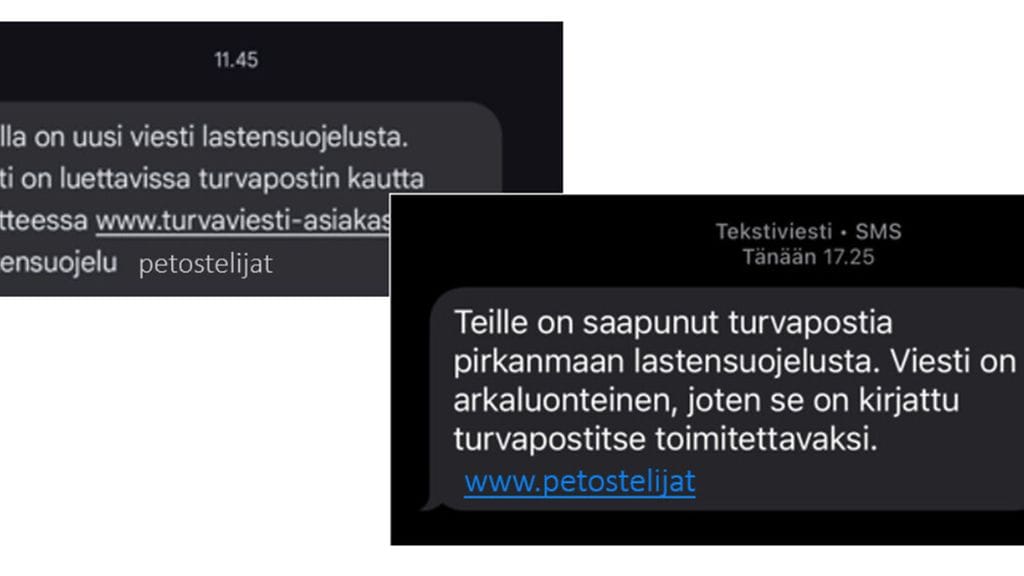Traficomin kuvakaappauksia huijarien lähettämistä viesteistä.