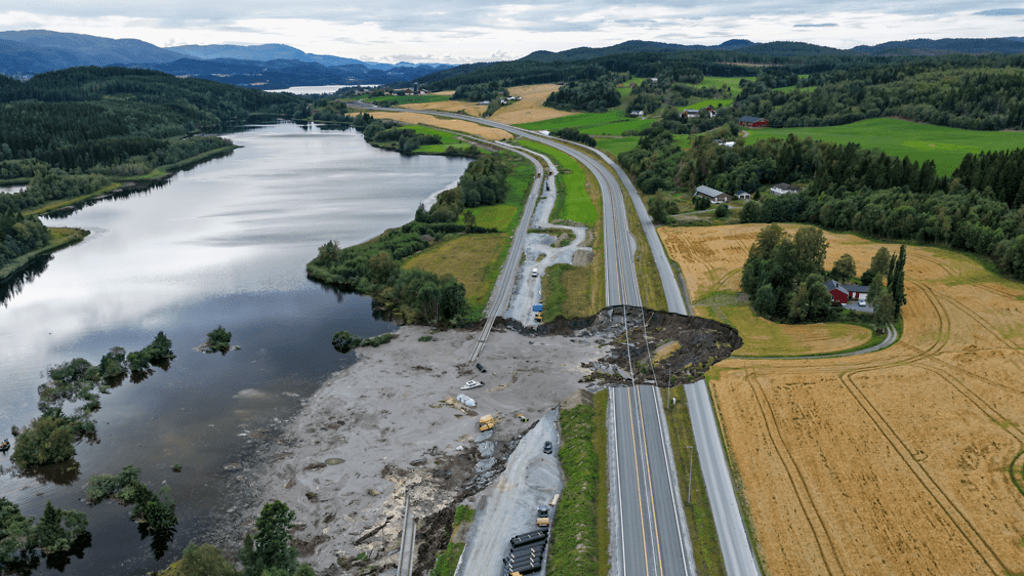 Maanvyörymä kuvattuna Levangerissa 30.8.2025.
